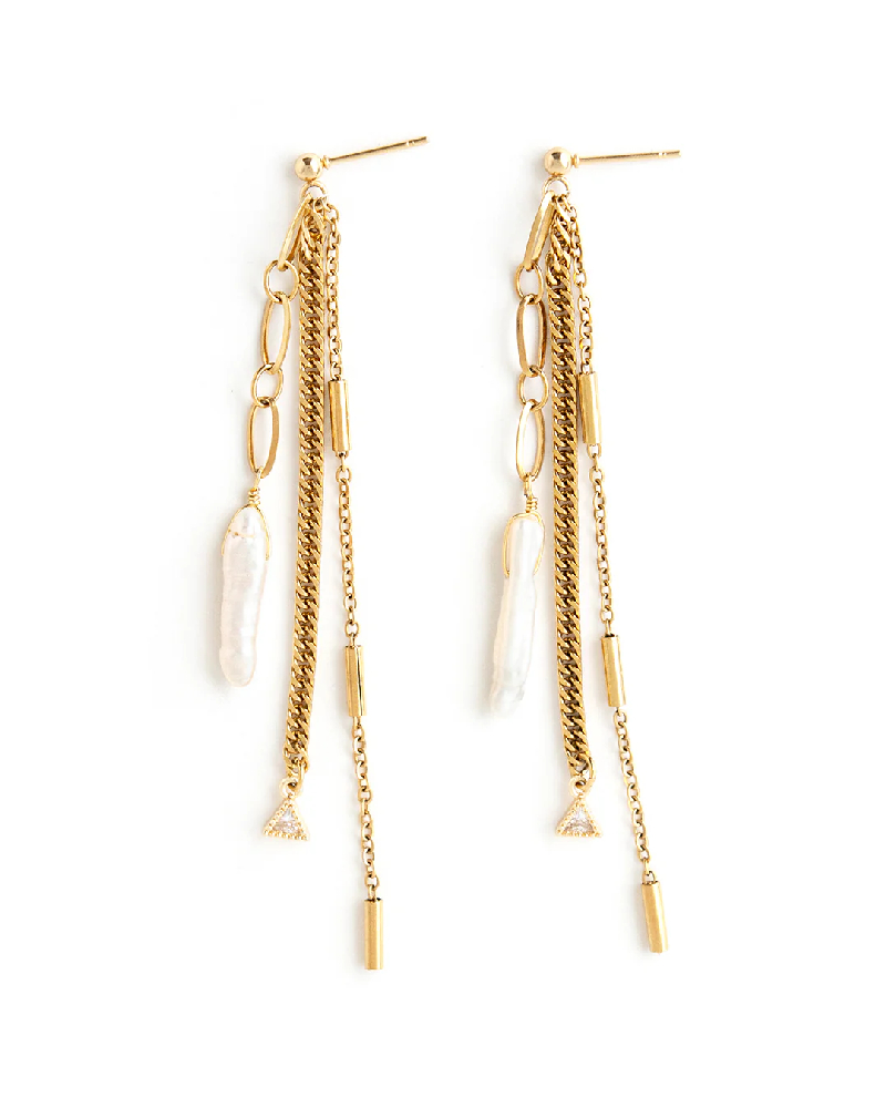 Boucles d'oreilles pendantes acier inoxydable, perles d'eau douce, zircons incolores - TRELLIS-GOLD - Welldunn