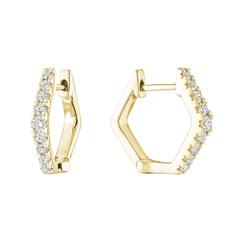 Hexagonal huggies, yellow gold, total of 32 points of diamonds