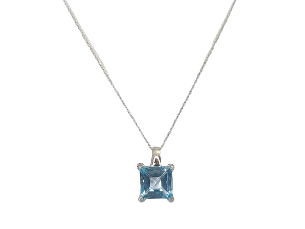 Pendentif or blanc, topaze bleue, diamant - N5794 - Création Gl