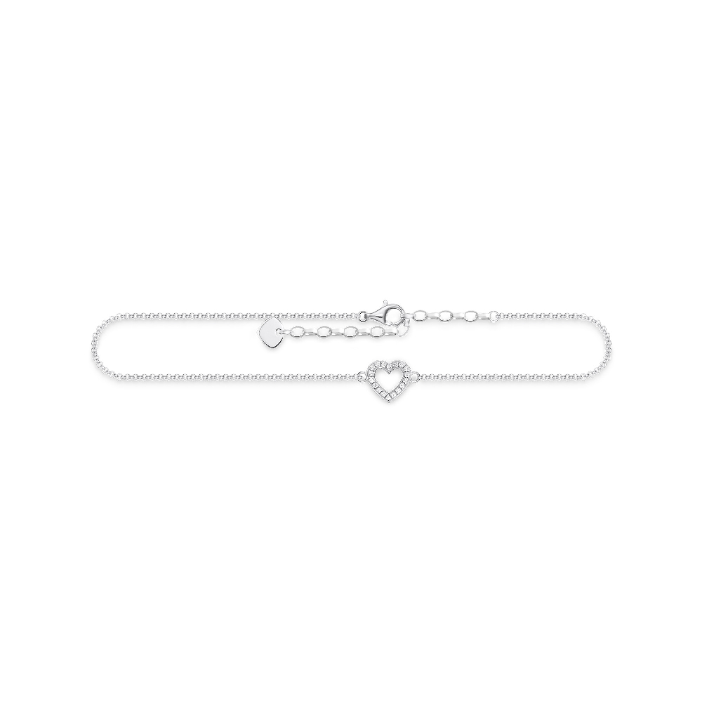 Heart Anklet Chain, Silver, Clear Zircons