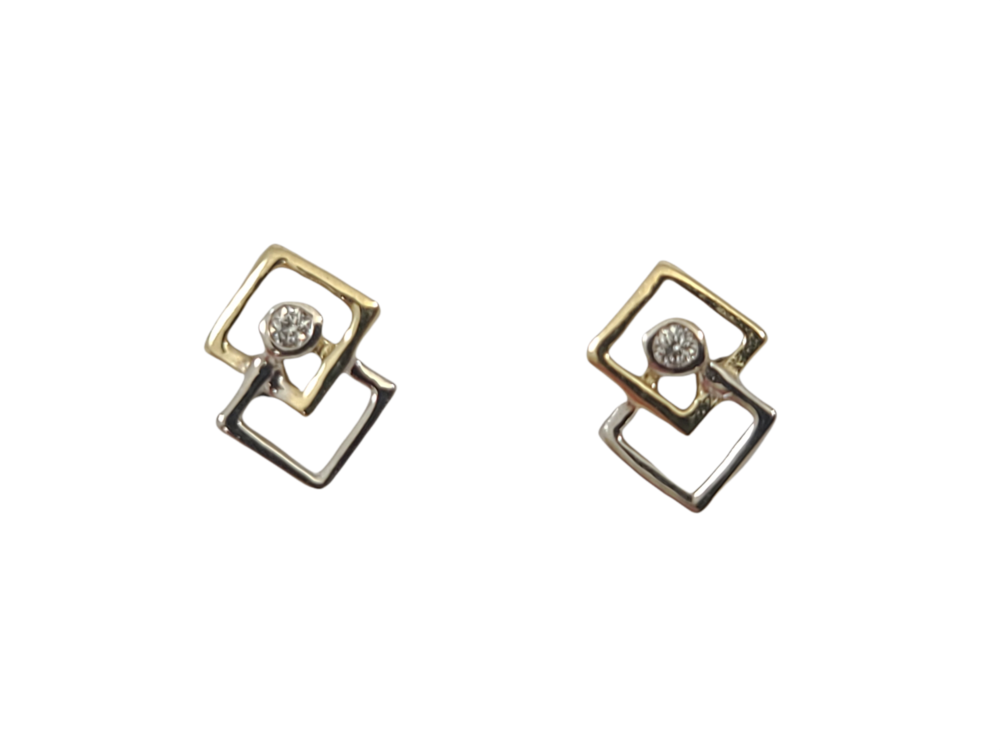 2 tones gold square fixed earrings (yellow/white), zirconia - EOZ-721-2T - Exclusivity