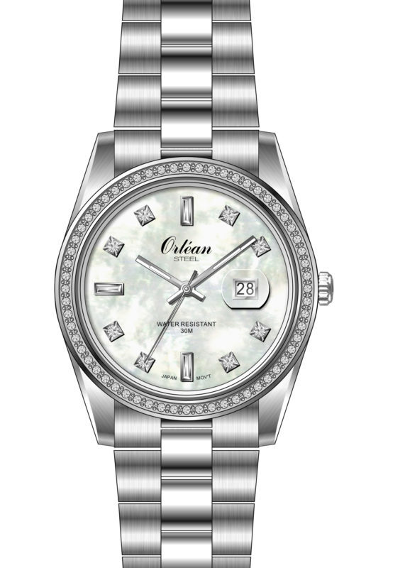 Montre acier, fond blanc, zircons - ME3578 - Orlean