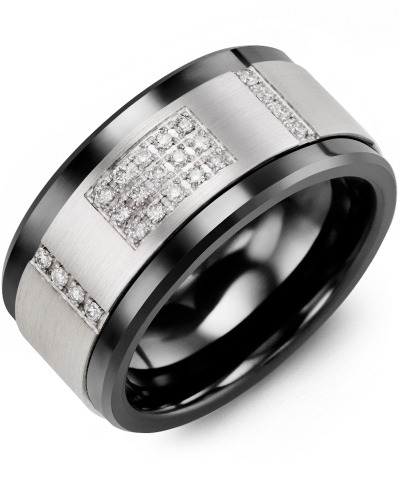 Black Ceramic Ring, White Gold 10 Karat, 23 Total Diamond Points, 11 Millimeters - MJD110CW-23R - Madani