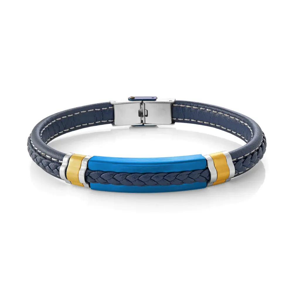 Bracelet cuir bleu, acier 3 tons (bleu/blanc/jaune) - SLB553 - Italgem Steel