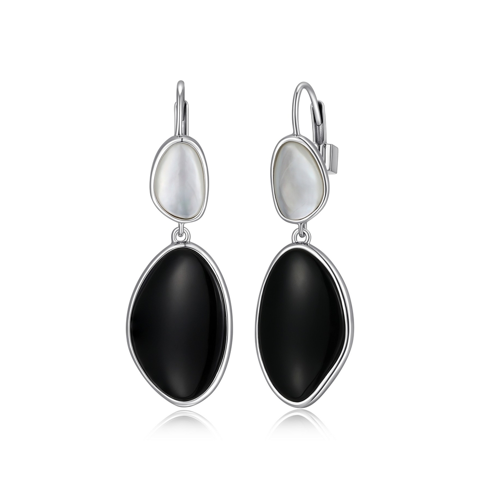 Bo pendantes argent rhodié, agates noires, nacre de perle