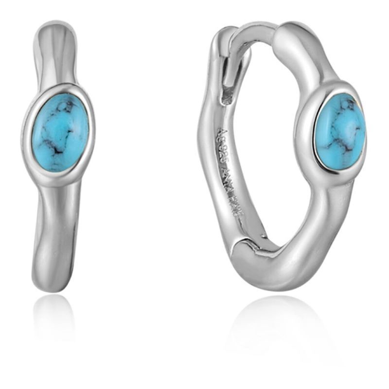 Rhodium-plated silver huggies with turquoise