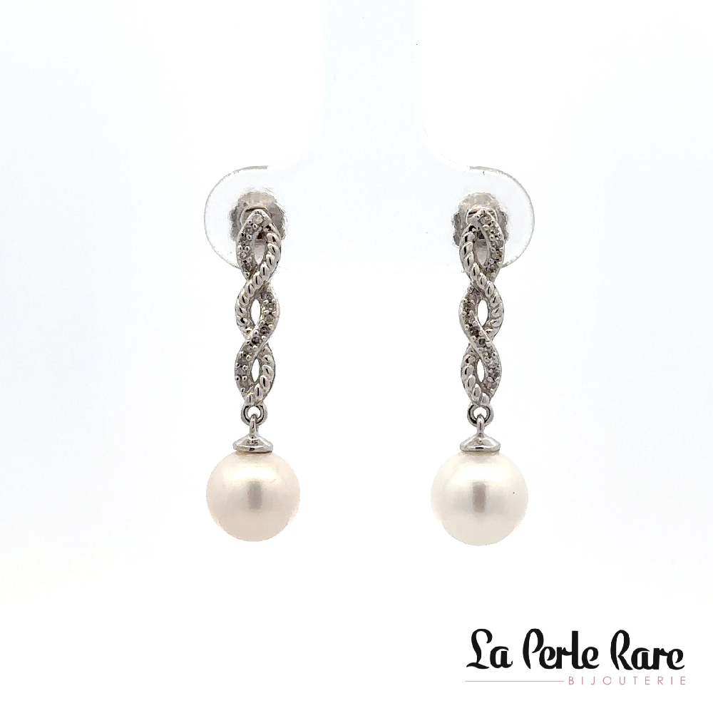 Boucles d'oreilles pendantes or blanc 14 carats, perles, 10 points de diamants total - LPR-2545 - Exclusivités