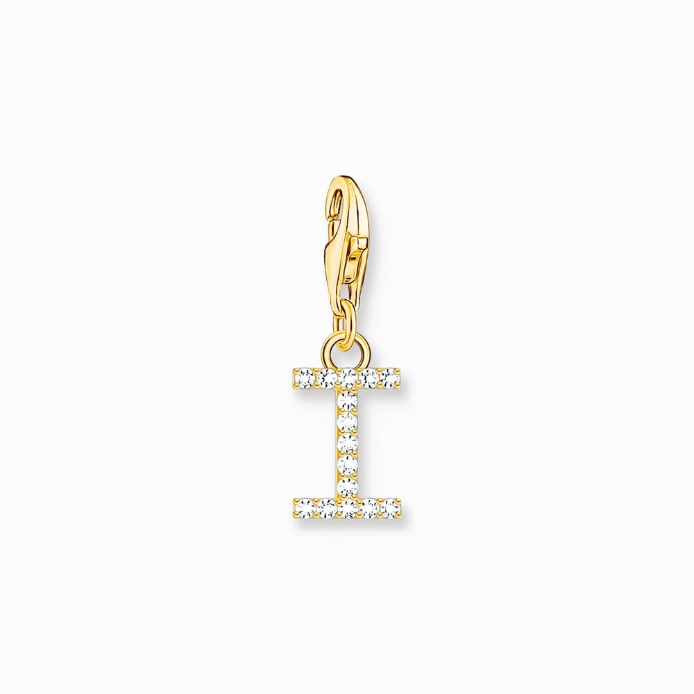 Charm lettre i, argent doré, zircons