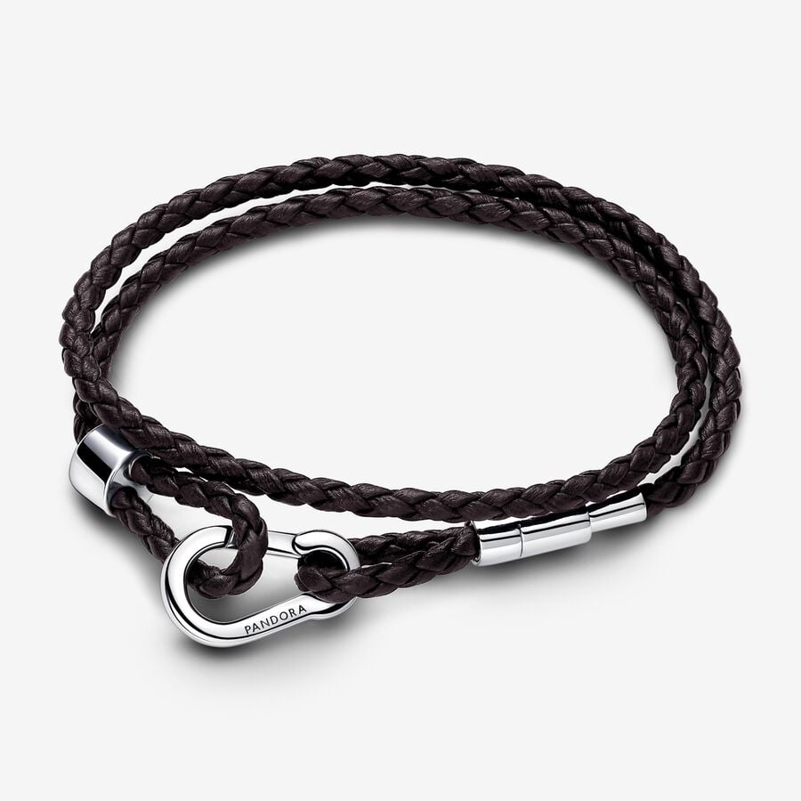 Double bracelet, braided brown leather, silver