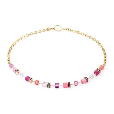 Collier acier doré, cristaux roses/blancs