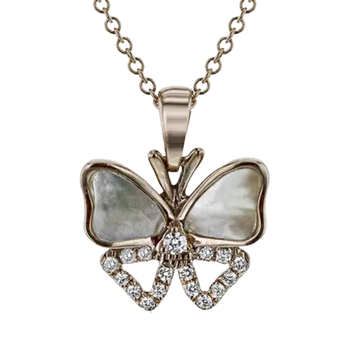 Pendentif papillon or rose, nacre de perle, 6 pts dia tot