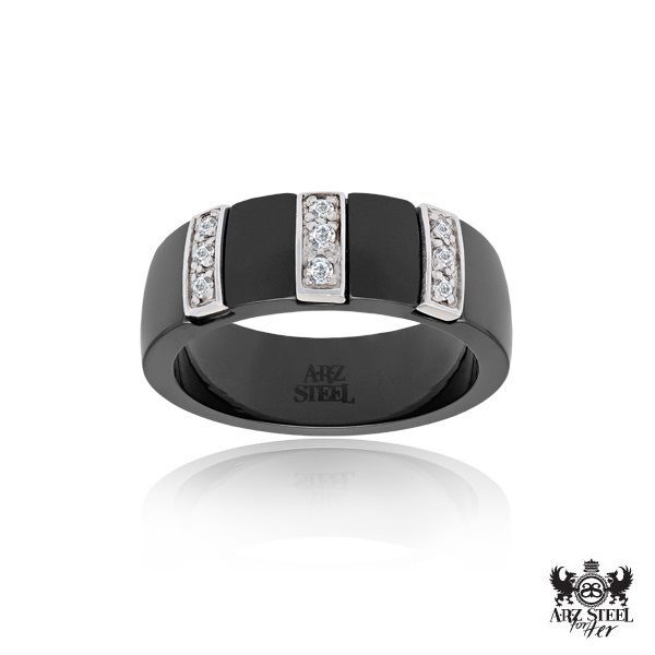 Bague acier, céramique noire, zircons - SSR19B-5 - Arz Steel