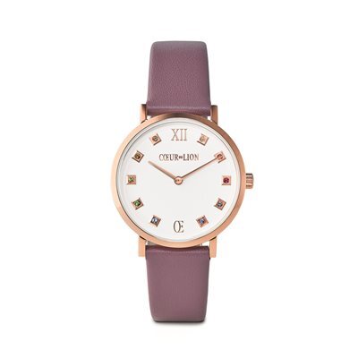 Montre cuir mauve, acier rosé, fond blanc