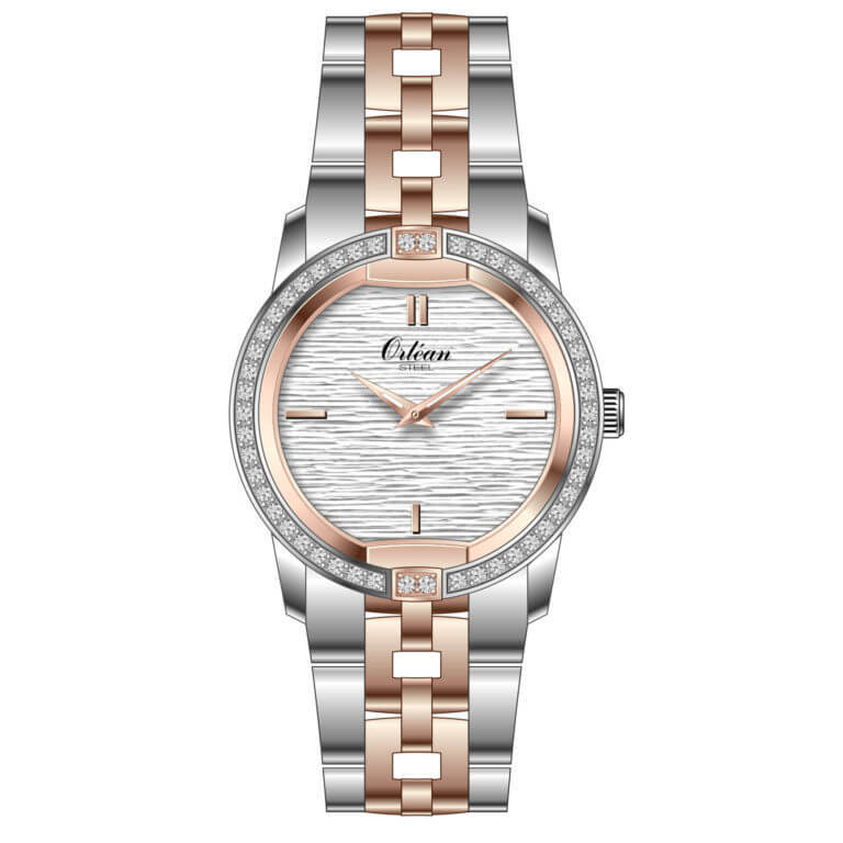 Montre acier 2 tons (blanc/rose), zircons, fond blanc - ME3378 - Orlean