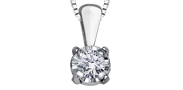 Pendentif solitaire, or blanc 10 carats, diamant de 3 points