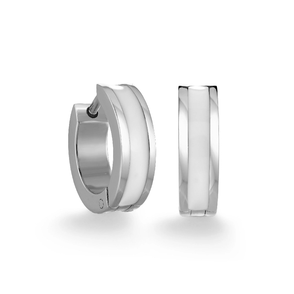 Stainless Steel Huggie Earrings White Enamel 15mm