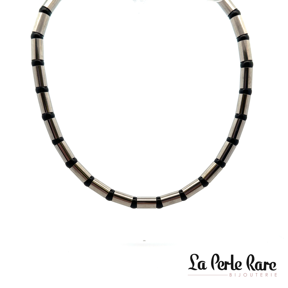 Collier acier, billes noires - 175-41056 - Steelx