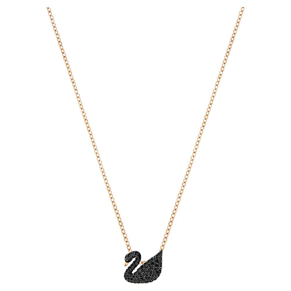 Collier cygne métal rosé, cristaux noirs