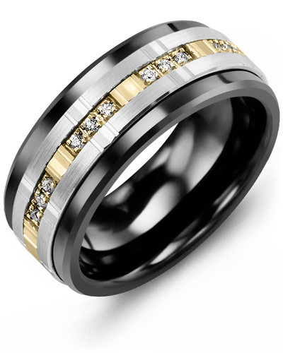 Black Ceramic Ring, Two-Tone (White/Yellow) Gold, 10-Karat, Total 27 Points of Diamonds, 9 Millimeters - MBW910CN-27R - Madani