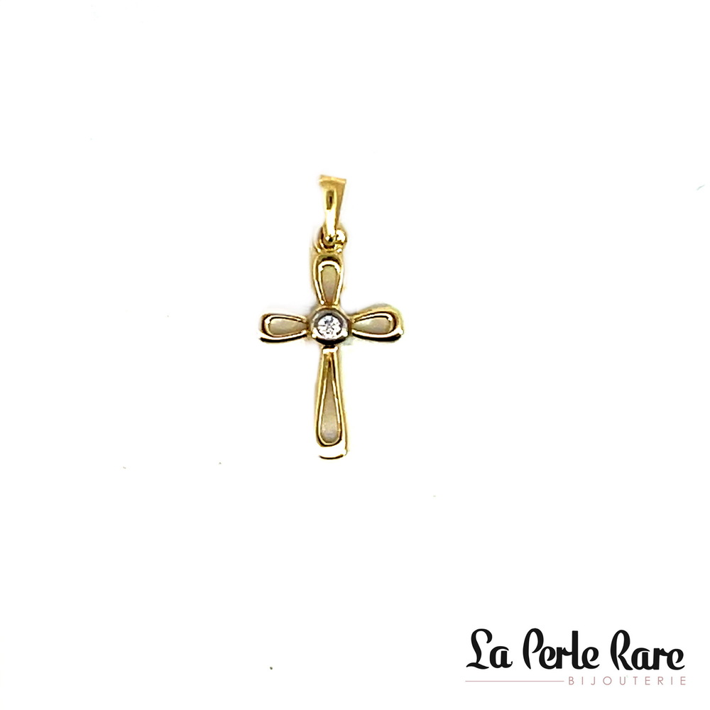 Pendentif croix, or 2 tons (jaune/blanc) 10 carats, zircon incolore