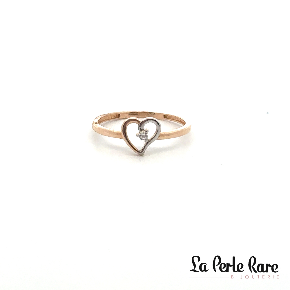 Bague coeur, or 2 tons (rose/blanc) 10 carats, zircon incolore - RMDD01-1865-2TR - Exclusivités