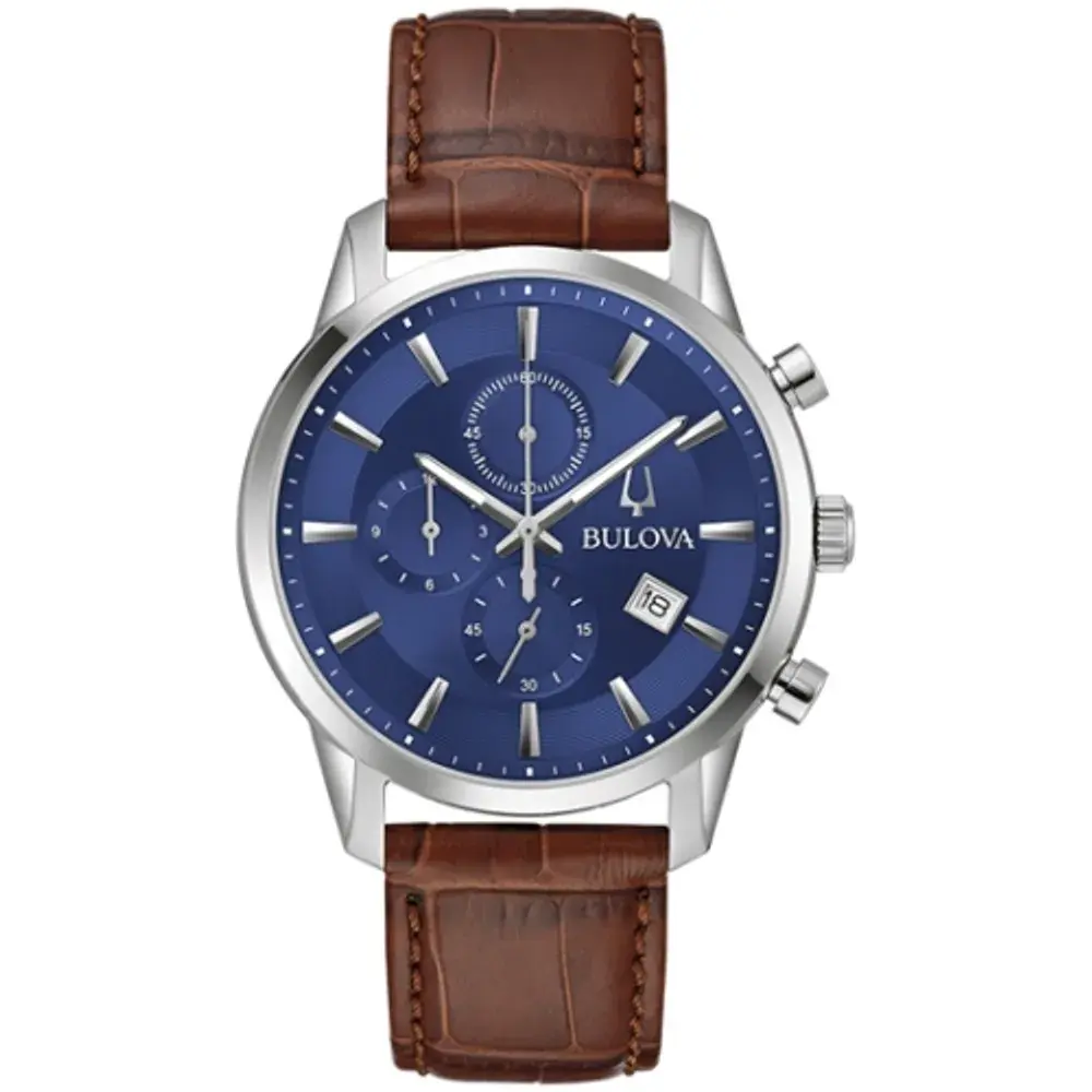 Montre cuir brun, acier, fond bleu