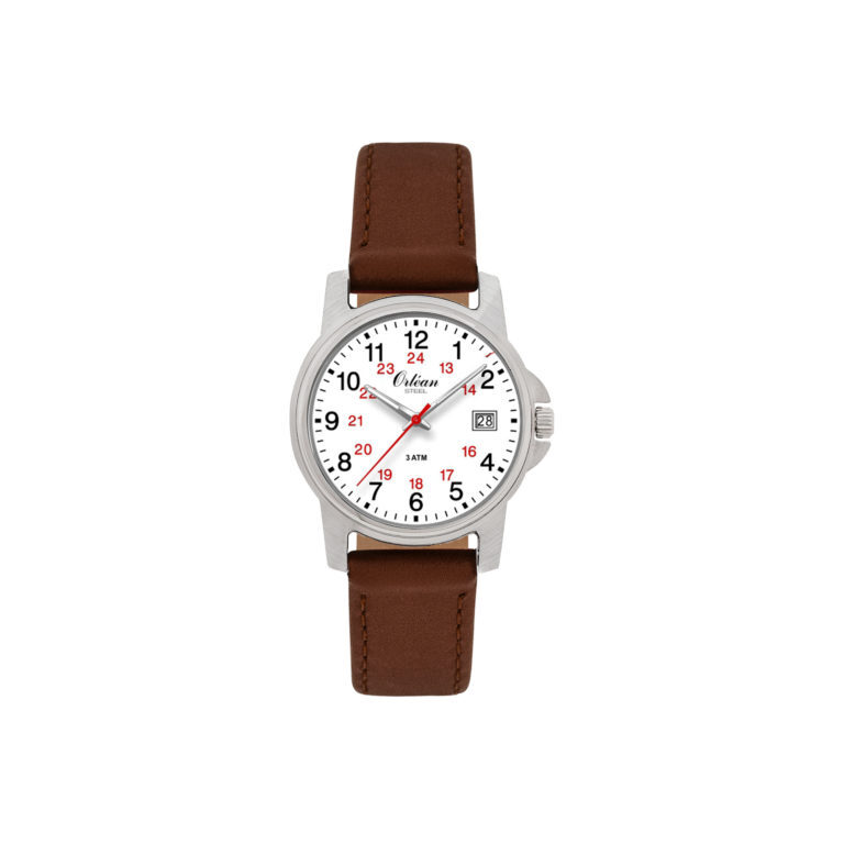 Montre cuir brun, acier blanc, fond blanc