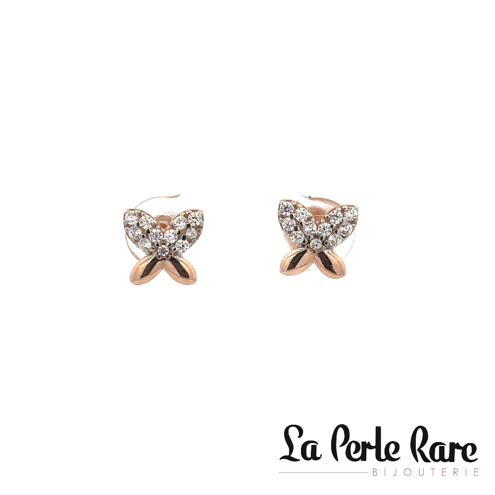 10K Two-Tone (Rose/White) Gold Butterfly Stud Earrings, Clear Zircons - EOZ-1319-2TR - Exclusivity