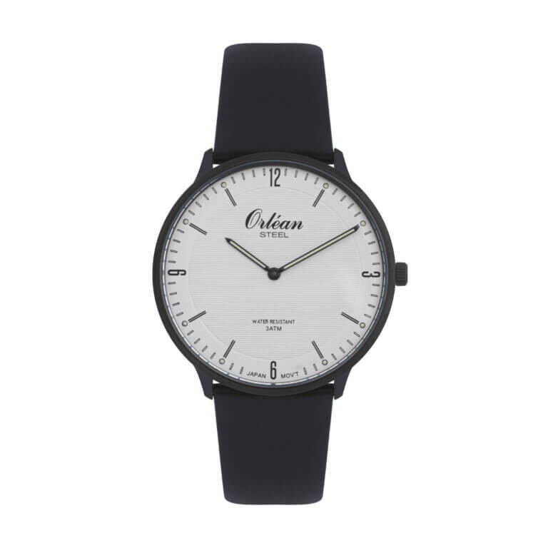 Montre cuir noir, acier noir, fond blanc - ME3447 - Orlean