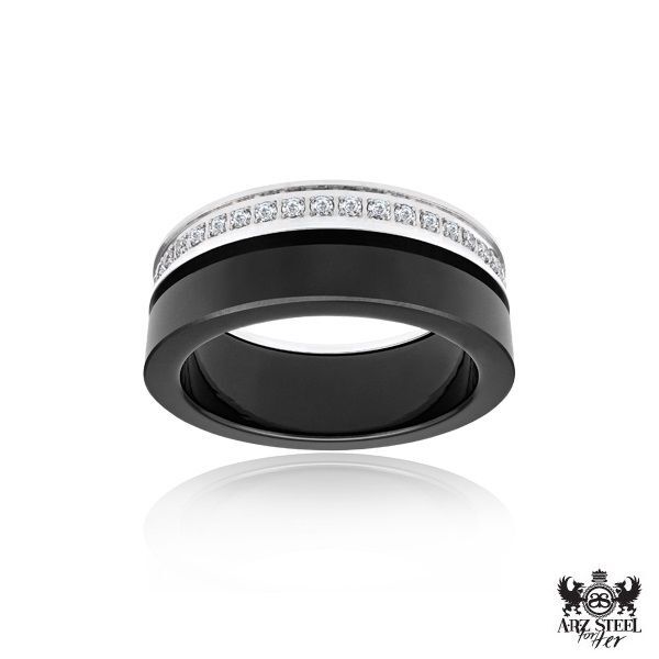 Bague acier, céramique noire, zircons