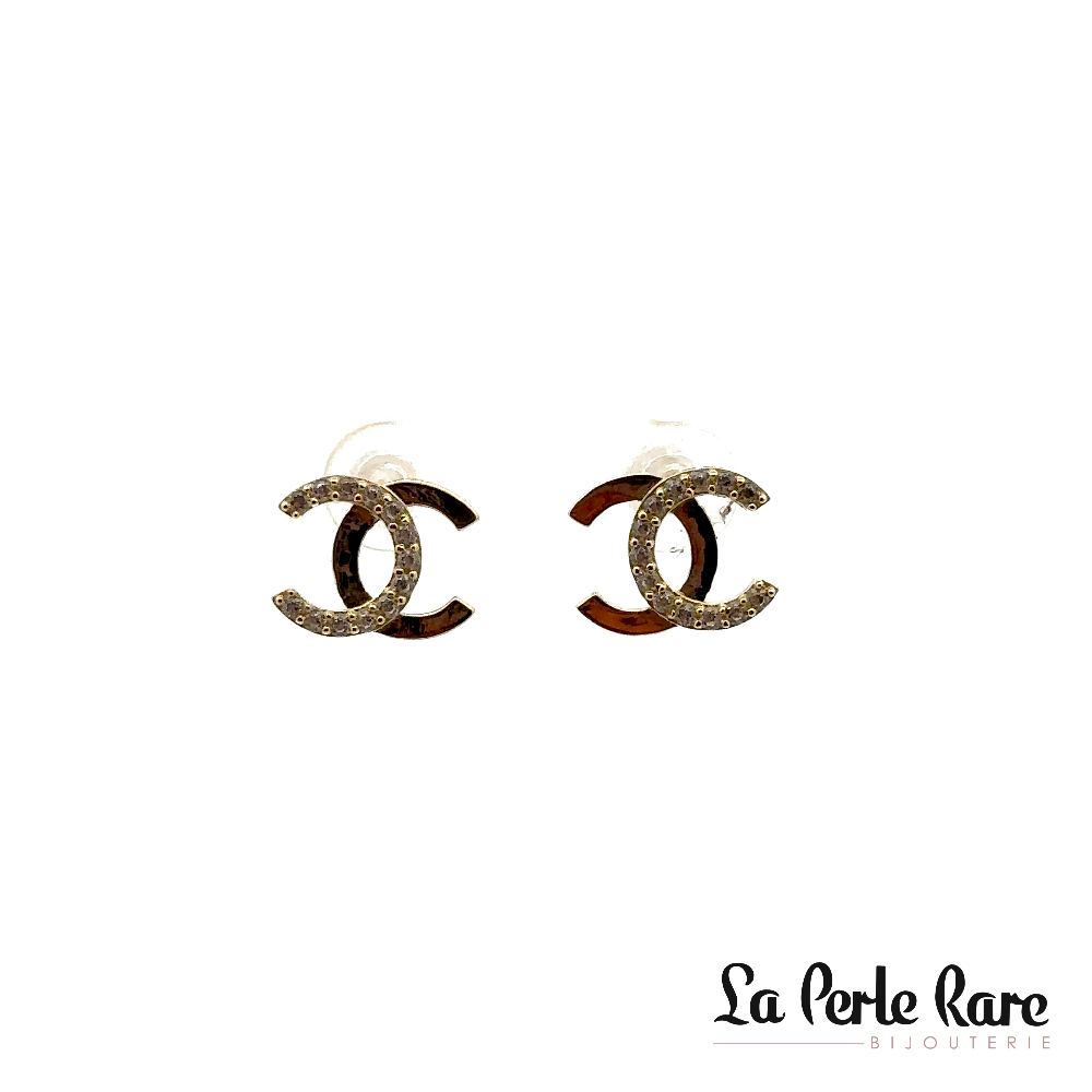 Boucles d'oreilles fixes de style Coco Chanel, or jaune 10 carats, zircons incolores - LPR-2387 - Exclusivités