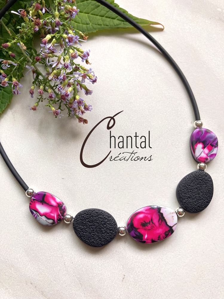 Collier Galina fuchsia, acier, argile polymère, PVC - 23-CO-10 - Création Chantal