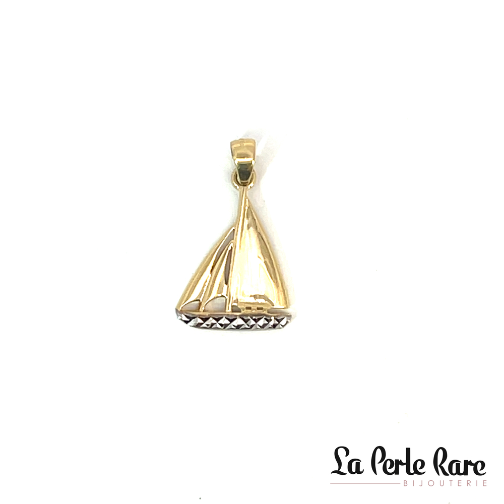 Pendentif voilier texturé, or 2 tons (jaune/blanc) 10 carats