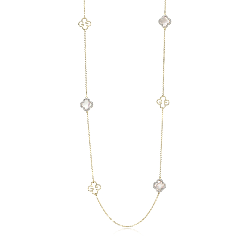 Collier long argent doré, nacre, zircons