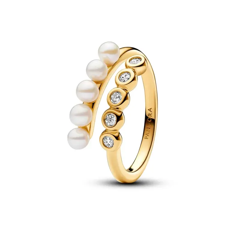 Open Ring, Unique Metal Blend Plated in 14k Gold, Freshwater Pearls, Cubic Zirconia - 163146C01-52 - Pandora