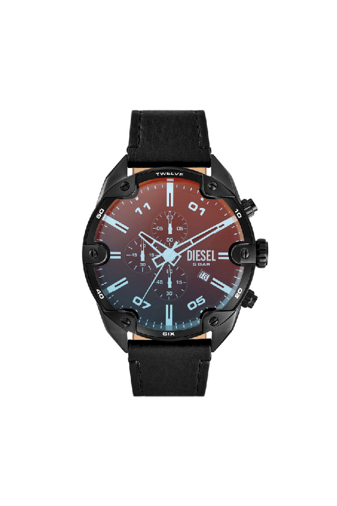 Spiked chronograph watch with a black leather strap. - DZ4667 - Diesel