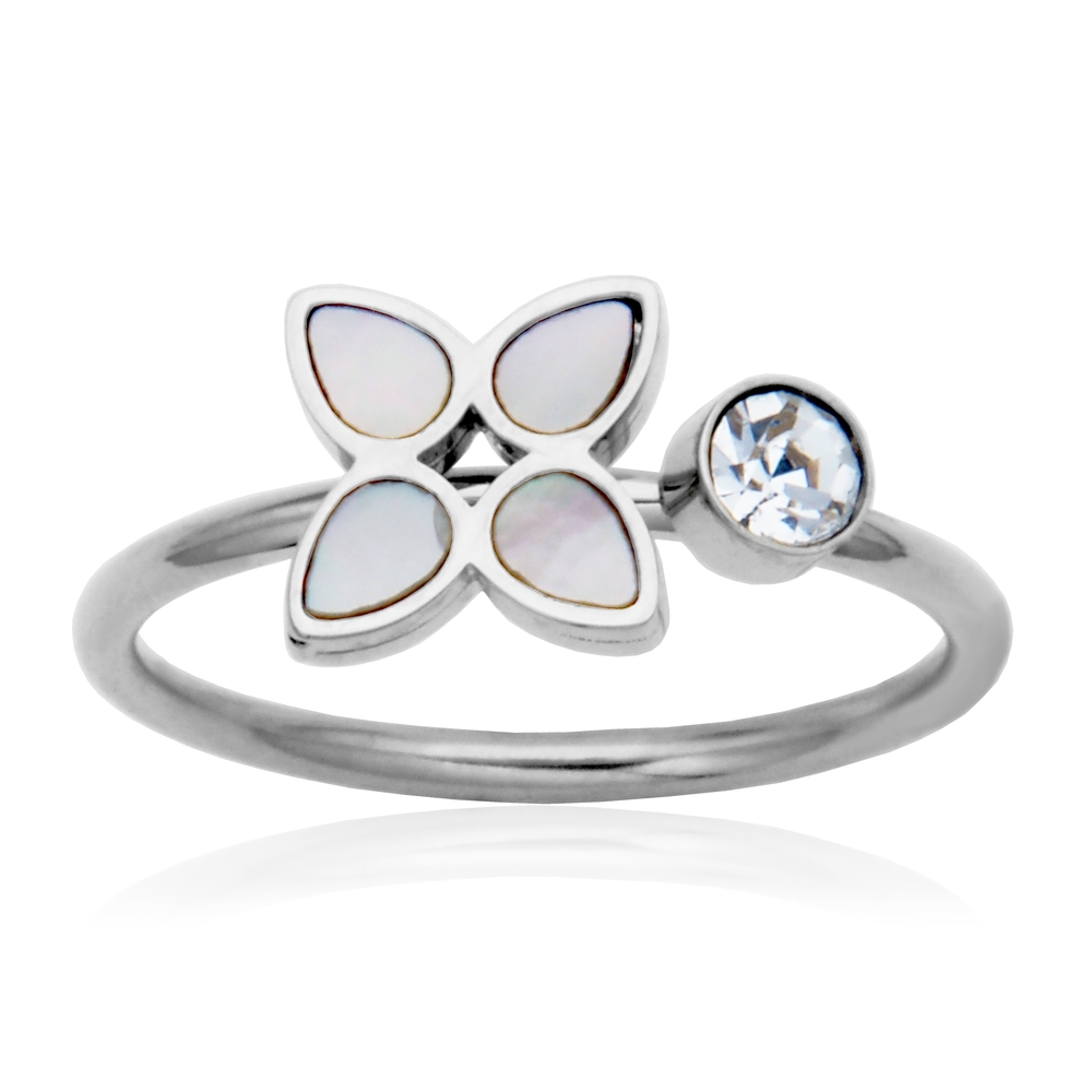 Bague fleur, acier, nacre de perle, zircon