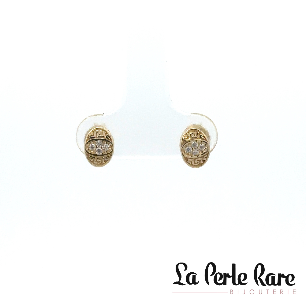 10K Yellow Gold Versace-Style Stud Earrings, Clear Zircons - ETC-593-J - Exclusivity