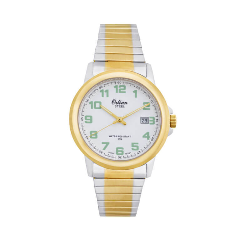 Montre extensible acier 2 tons (jaune/blanc), fond blanc - ME3336 - Orlean