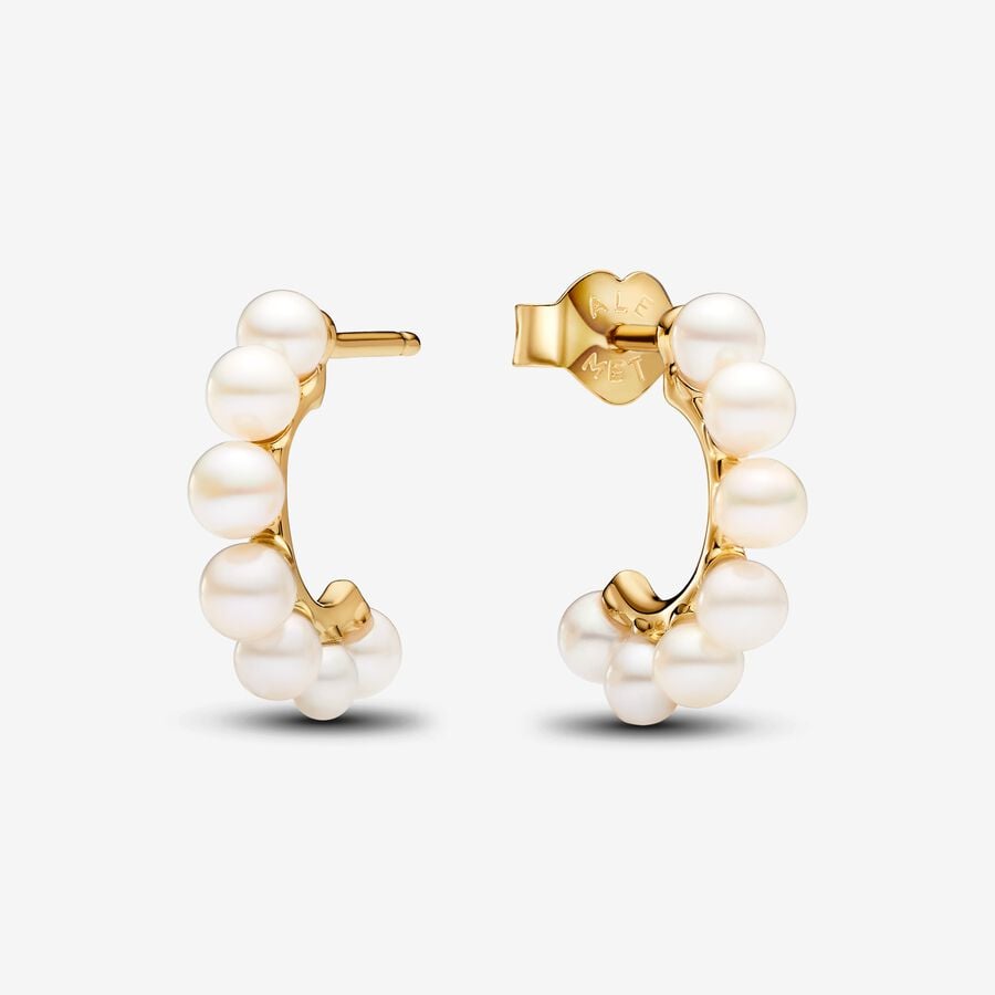 Open hoop earrings, unique 14k gold plated metals, freshwater pearls - 263179C01 - Pandora