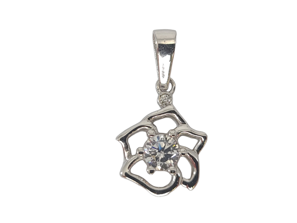 Pendentif fleur, or blanc 10 carats, zircons incolores - PDC46-4857-B - Exclusivités