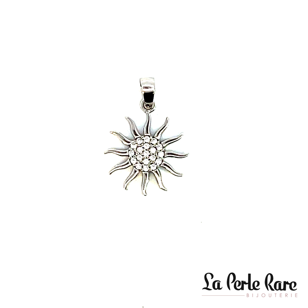 Pendentif soleil, or blanc 10 carats, zircons incolores