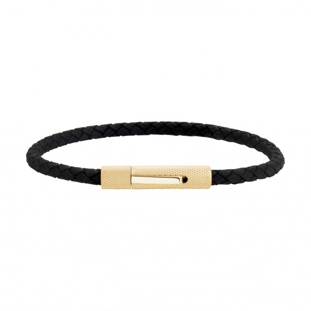  Black braided leather bracelet with gold steel - AS-B331-8.5 - Arz Steel