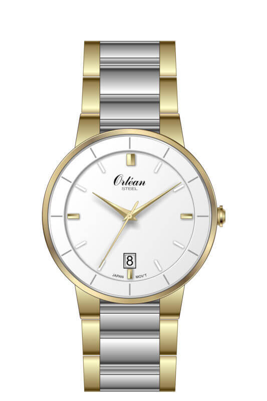 Montre acier 2 tons (jaune/blanc), fond blanc