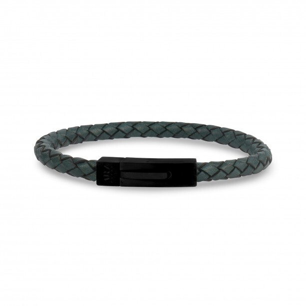 Braided green leather bracelet with black steel - AS-B371-7.5 - Arz Steel