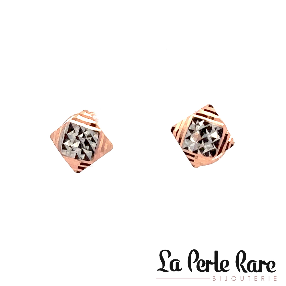 Boucles d'oreilles fixes carrées, or 2 tons (rose/blanc) 10 carats - ECH-1517-2TR - Exclusivités