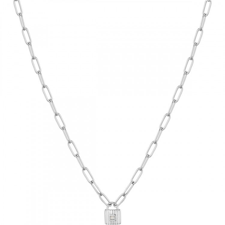 Collier cadenas, argent rhodié, zircon