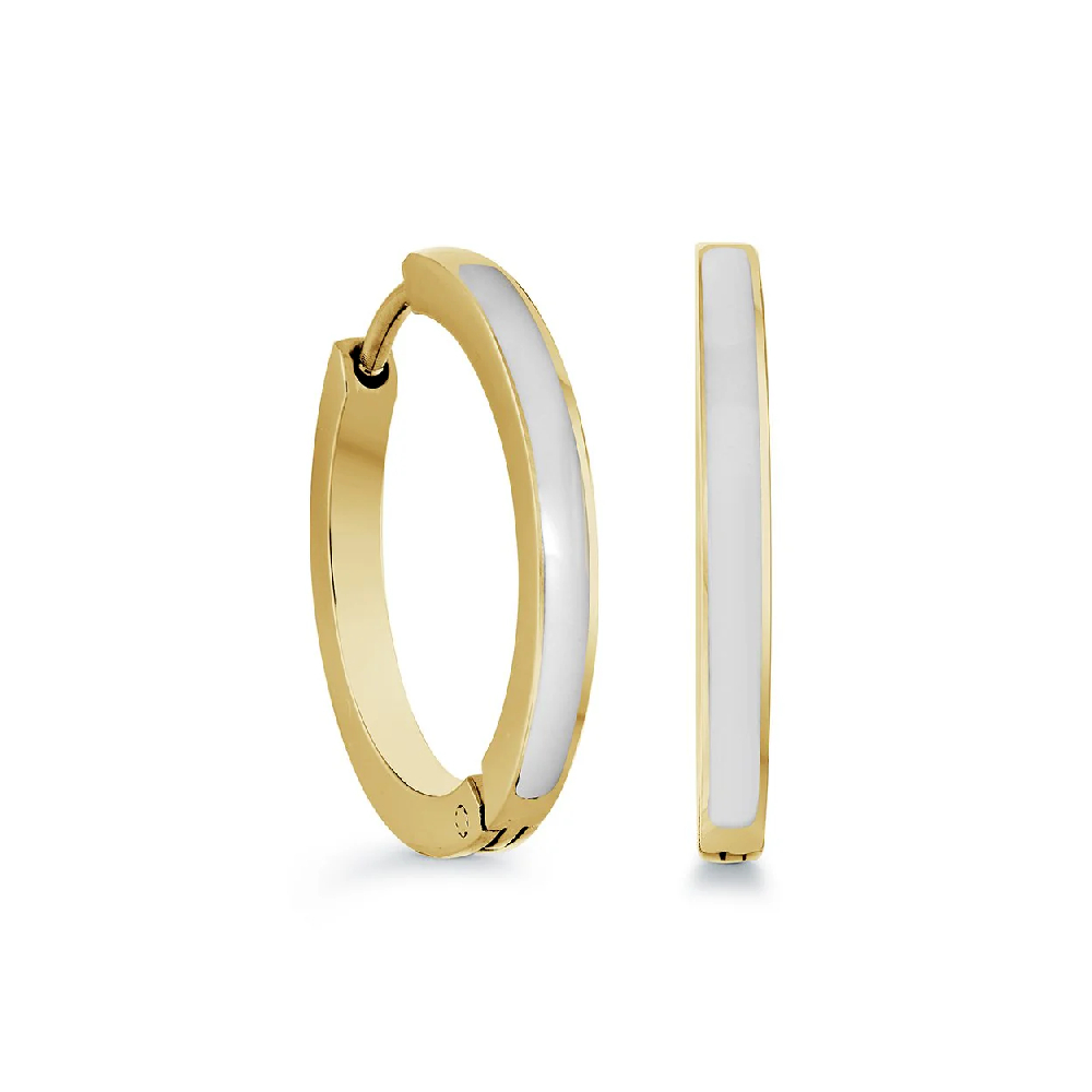 Gold Stainless Steel Huggie Earrings White Enamel