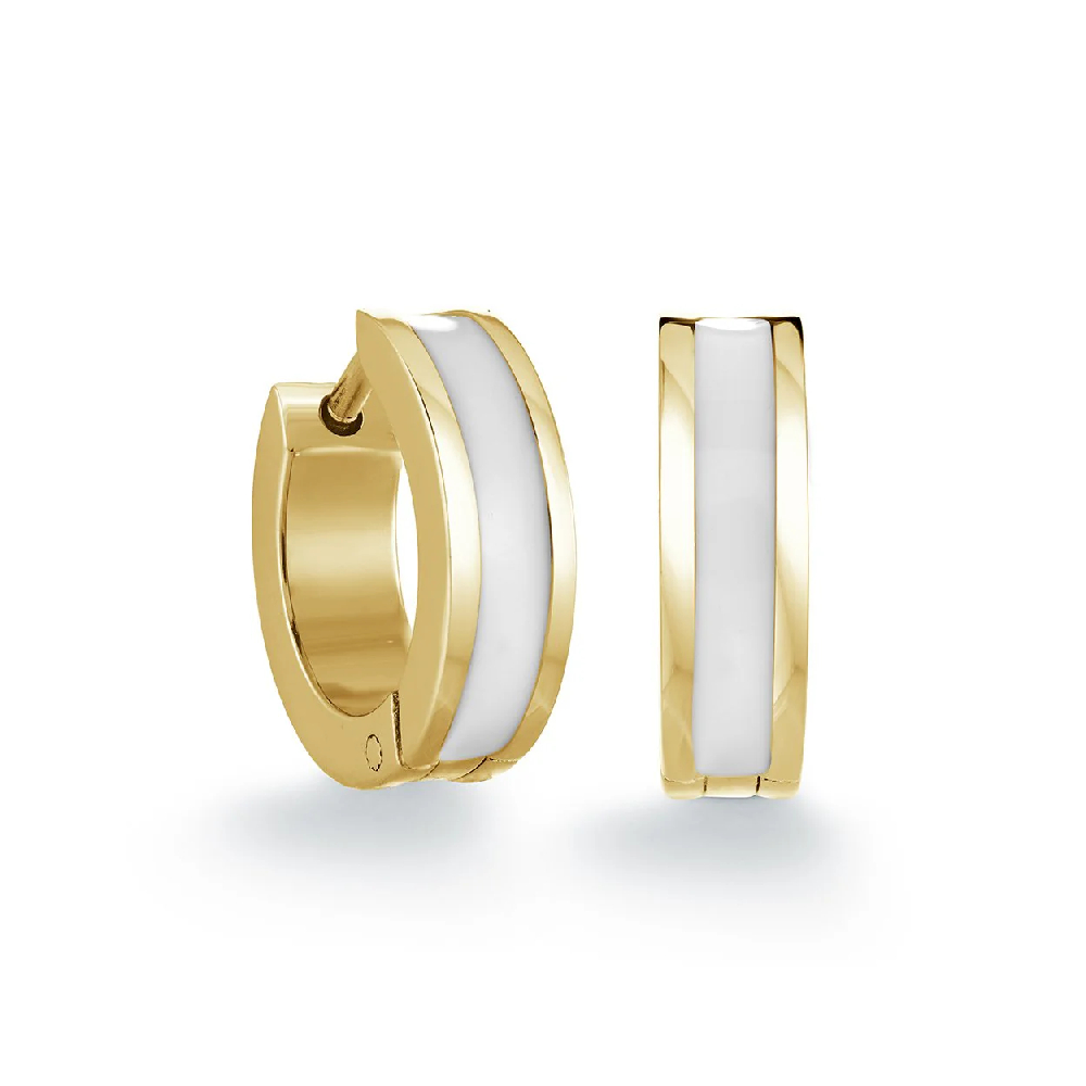 Gold Huggie Earrings White Enamel 15mm