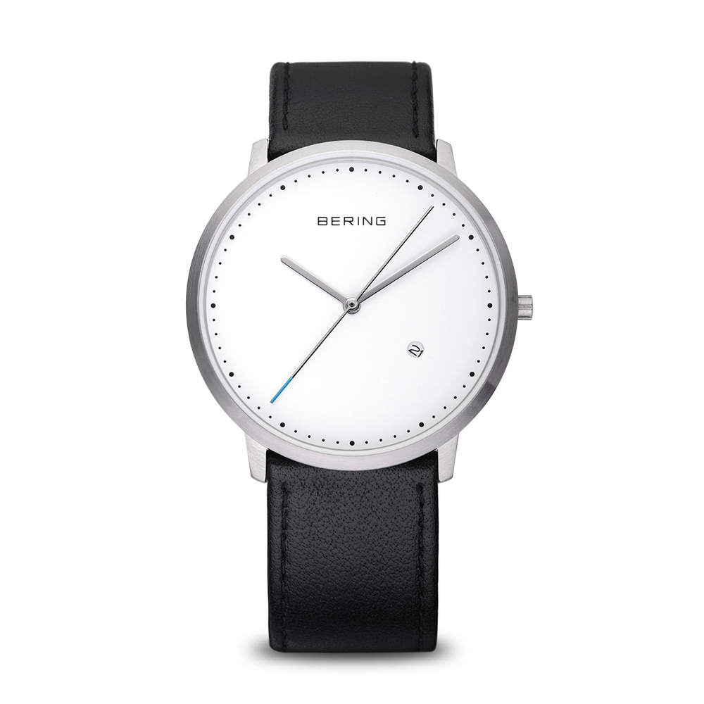 Men's steel and black leather watch